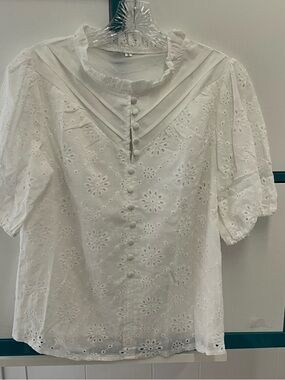 White Eyelet Button-Front Blouse with Ruffled Collar